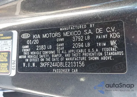 2020 Kia Forte Lxs из США, поврежденный, VIN 3KPF24AD8LE213156